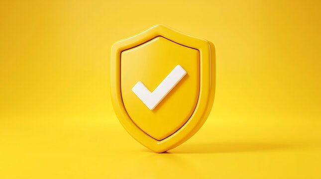 Yellow shield with white check mark symbolizing security protection and safety approval for important information or verification process.