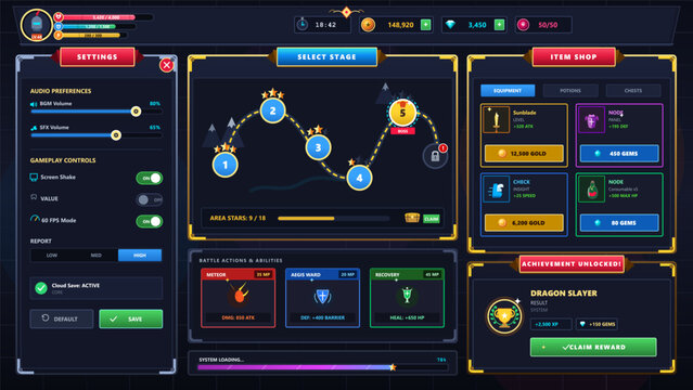 A user interacts with a game interface, selecting stages and viewing items. The screen includes options for audio settings and gameplay controls. Scores and rewards are visible.