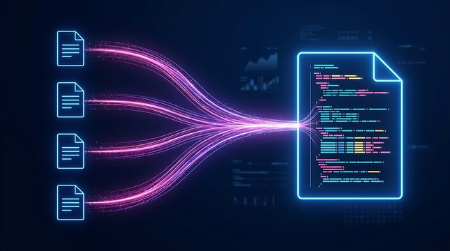 Digital data streams merging into single large document representing data aggregation and processing for analysis or programming on dark background.
