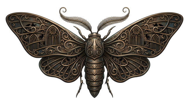 Steampunk moth sculpture intricate metal design with gears and ornate wings for fantasy or industrial decorative elements.