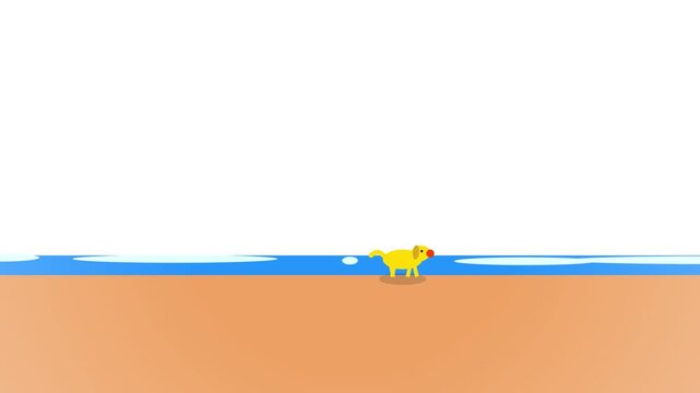 Minimalist vector illustration of a happy golden dog walking along a serene sandy beach by the blue ocean shore during a sunny day
