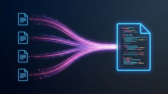 Multiple document icons transforming into single code file with vibrant light trails representing data processing aggregation and software development.