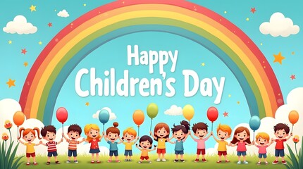Fototapeta premium Large group of happy children standing together under a big colorful rainbow with childrens day group of kids balloons