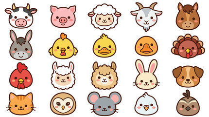 Fototapeta premium Collection of cute farm animal faces icons