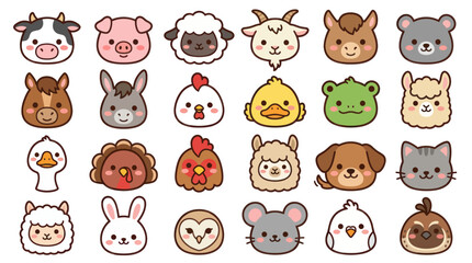 Obraz premium Collection of cute farm animal faces icons