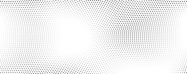 Radial halftone dots. Spotted and dotted stains gradient background. Concentric comic texture with fading effect. Black and white rough gritty wallpaper. Grunge monochrome geometric backdrop. Vector © Muhammad