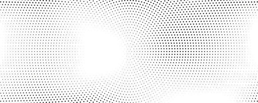 Radial halftone dots. Spotted and dotted stains gradient background. Concentric comic texture with fading effect. Black and white rough gritty wallpaper. Grunge monochrome geometric backdrop. Vector