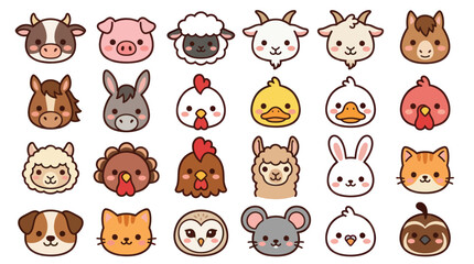 Obraz premium Collection of cute farm animal faces icons