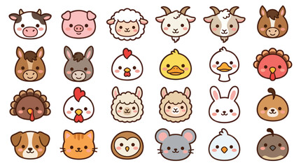 Obraz premium Collection of cute farm animal faces icons