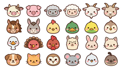 Fototapeta premium Collection of cute farm animal faces icons