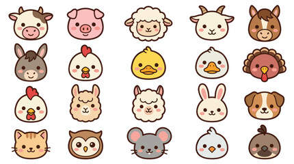 Fototapeta premium Collection of cute farm animal faces icons