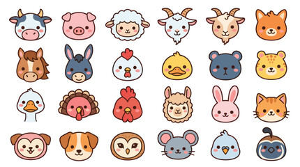 Fototapeta premium Collection of cute farm animal faces icons