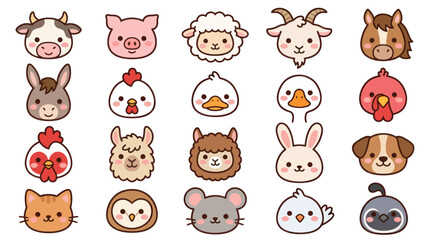 Obraz premium Collection of cute farm animal faces icons