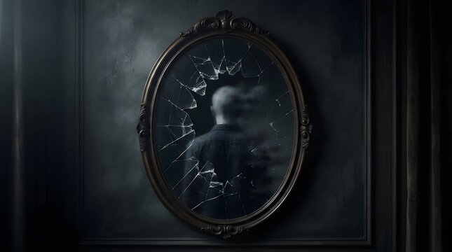 Dark antique mirror reflecting a mysterious human silhouette, creating a surreal and melancholic atmosphere associated with memory, identity, reflection, and mystery.