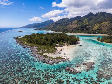 Aerial view of Mo'orea island featuring lush tropical vegetation, white sand beaches, and vibrant coral reefs in the turquoise lagoon, Moorea-Maiao, Windward Islands, French Polynesia.