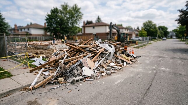 Construction debris piled beside a suburban street after house demolition with excavator and workers nearby