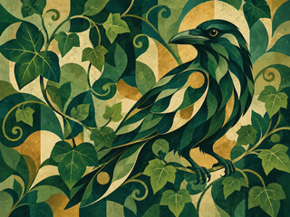 Obraz premium Dark raven perched among dense green ivy and ornamental foliage in a mysterious vintage woodland folk art composition.