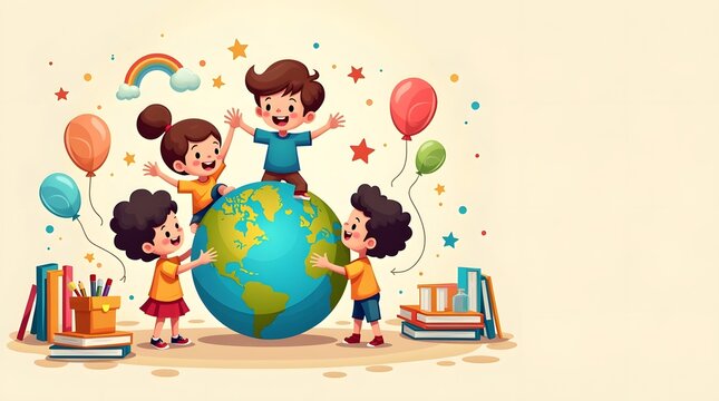 Happy children celebrating and playing around a large globe with school supplies earth globe playing kids globe model