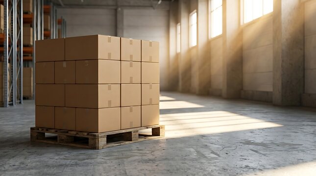 Stacked cardboard boxes on wooden pallet in sunlit warehouse with tall windows and concrete floor for storage and logistics.