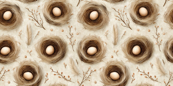Seamless pattern with nests and egg.
A repeating pattern with bird nests, each with one bright egg. Background with branches, buds and feathers in natural colors. for spring and Easter projects.
