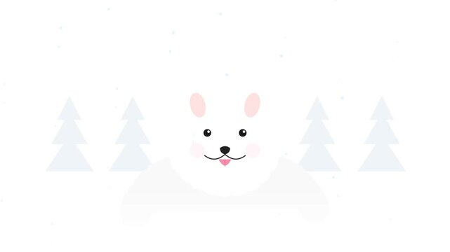 Cute cartoon arctic hare peeking out in a snowy winter landscape with soft fir trees