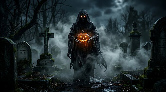 A sinister hooded grim reaper figure walking through a misty, dark graveyard at night, holding a glowing jackolantern, creating a spooky and atmospheric halloween scene