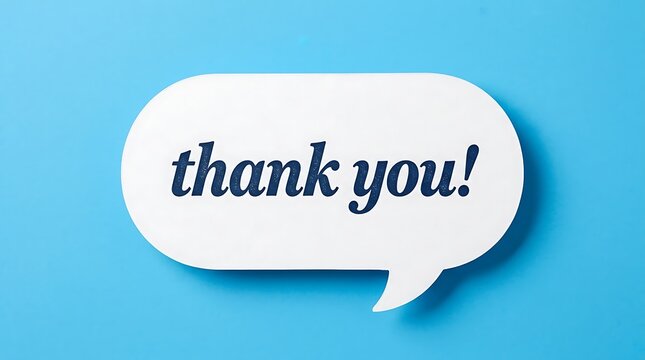 White speech bubble with blue text 'thank you!' on a bright blue background for expressing gratitude and appreciation.