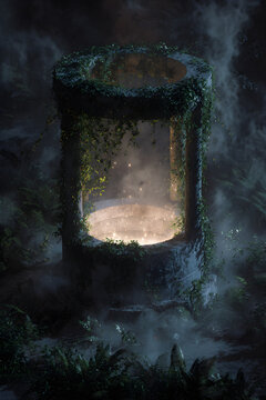 Moss covered concrete structure framing illuminated water at dusk in misty outdoor setting with overgrown moss frames glowing water surface