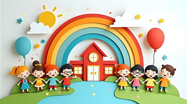 Group of diverse children holding hands in front of a school with a rainbow school building rainbow background