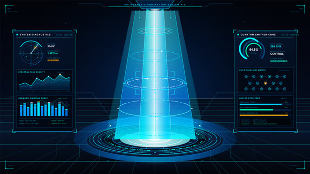 The scene shows a holographic projection system with glowing elements in a technology setting. It includes data about system diagnostics and performance metrics.