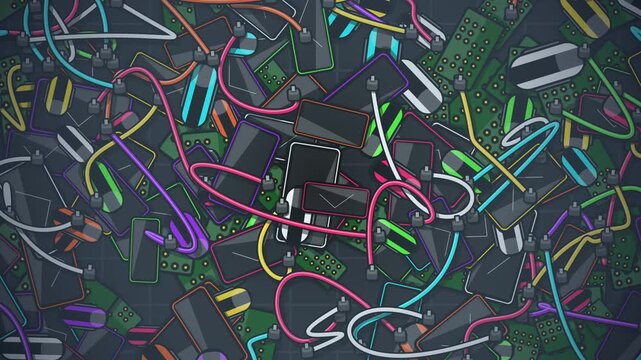 Animated background showing a huge pile of electronic waste with colorful tangled cables smartphones and circuit boards