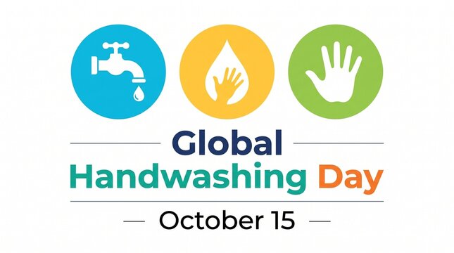 Global Handwashing Day banner for October 15, hygiene awareness poster with water tap and hand icons, health campaign graphic on white background