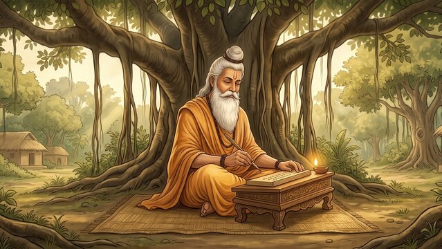 Valmiki Writing on Palm Leaf in Traditional Indian Art
