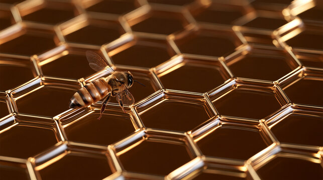 Honey bee on golden honeycomb closeup in warm light