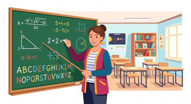 Vector illustration of female math teacher holding pointing stick in classroom pointing at blackboard with algebra equations, geometry shapes, numbers, and alphabet letters.