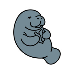 Fototapeta premium Cute cartoon manatee illustration, isolated on transparent background, playful and friendly sea cow character