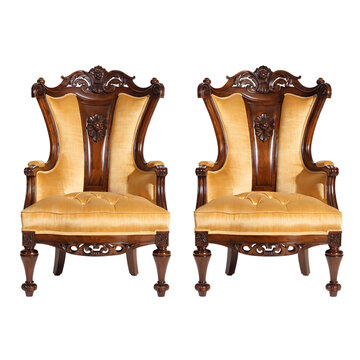 Pair of identical armchairs showcasing polished wooden frames and warm yellow upholstered fabric cushions under soft studio illumination.