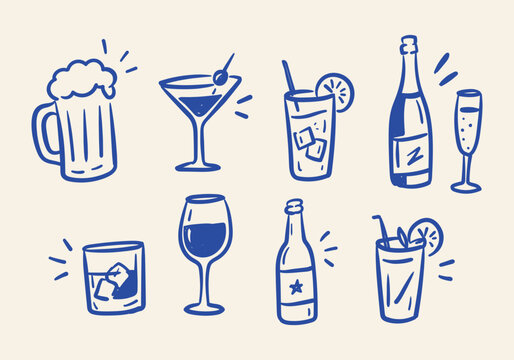Bar drinks and cocktails doodle set with beer mug wine martini champagne and whiskey icons