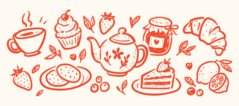 Cozy tea time bakery doodle set with teapot cake slice cupcake croissant jam and cookies