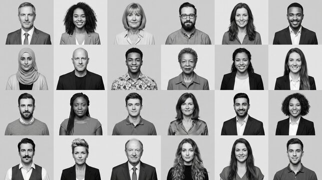 Diverse Multicultural Group Portraits Collage Black and White
