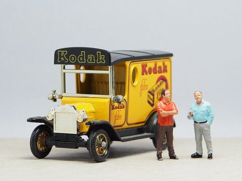 Indonesia - October 13, 2023 : Mini toy at outdoor with blurred background. Classic car concept design.