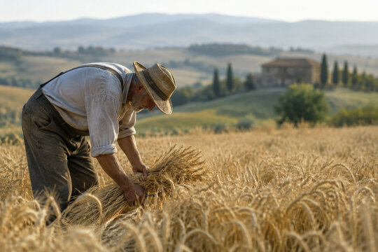 A farmer harvests golden wheat in a vast field with rolling hills.