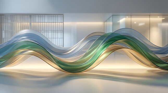 Minimalist background featuring fluid glass waves with iridescent color transitions set in modern architectural interior space for elegant premium graphic design usage.