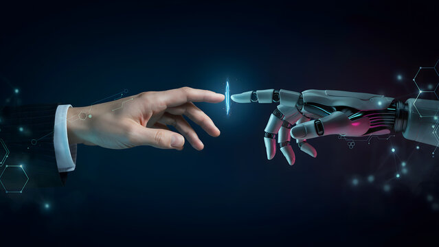 Human hand in business suit touching bionic robot finger with blue electric spark energy.