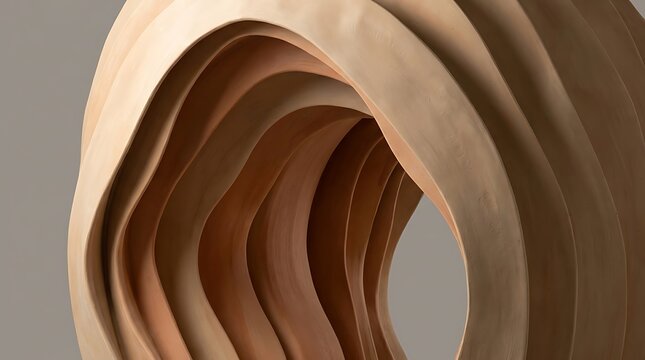 Close up view of concentric curved clay layers creating deep rhythmic patterns with natural terracotta gradients and soft shadows for architectural inspiration.