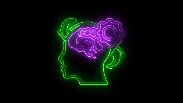 Neon outline of human head profile with brain and gears in purple and green silhouette 4k video.