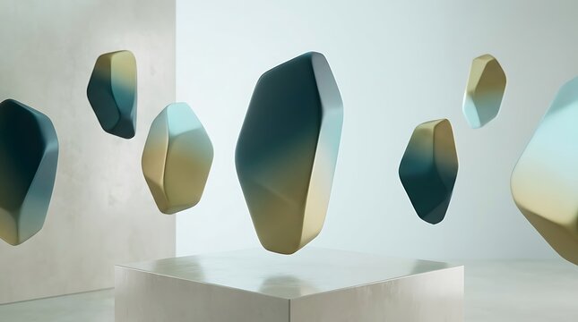 Abstract 3d rendering of floating stones with gradient colors, geometric forms in balance, modern art installation, contemporary sculpture on pedestal.