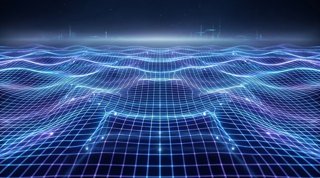 Abstract digital landscape with glowing blue and purple grid lines, futuristic cyberspace network visualization, digital art background.
