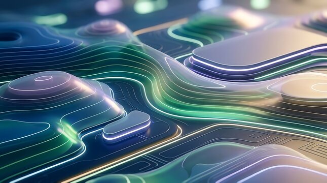 Futuristic digital landscape topography with glowing neon lines, abstract technology circuit board background, futuristic city concept.