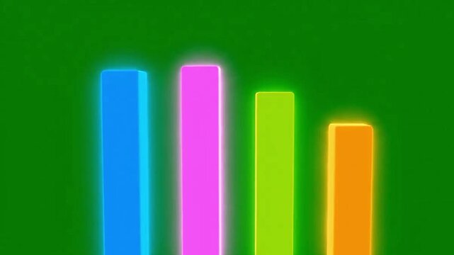 Colorful glowing bar chart animation rising and falling against a solid deep green motion background video